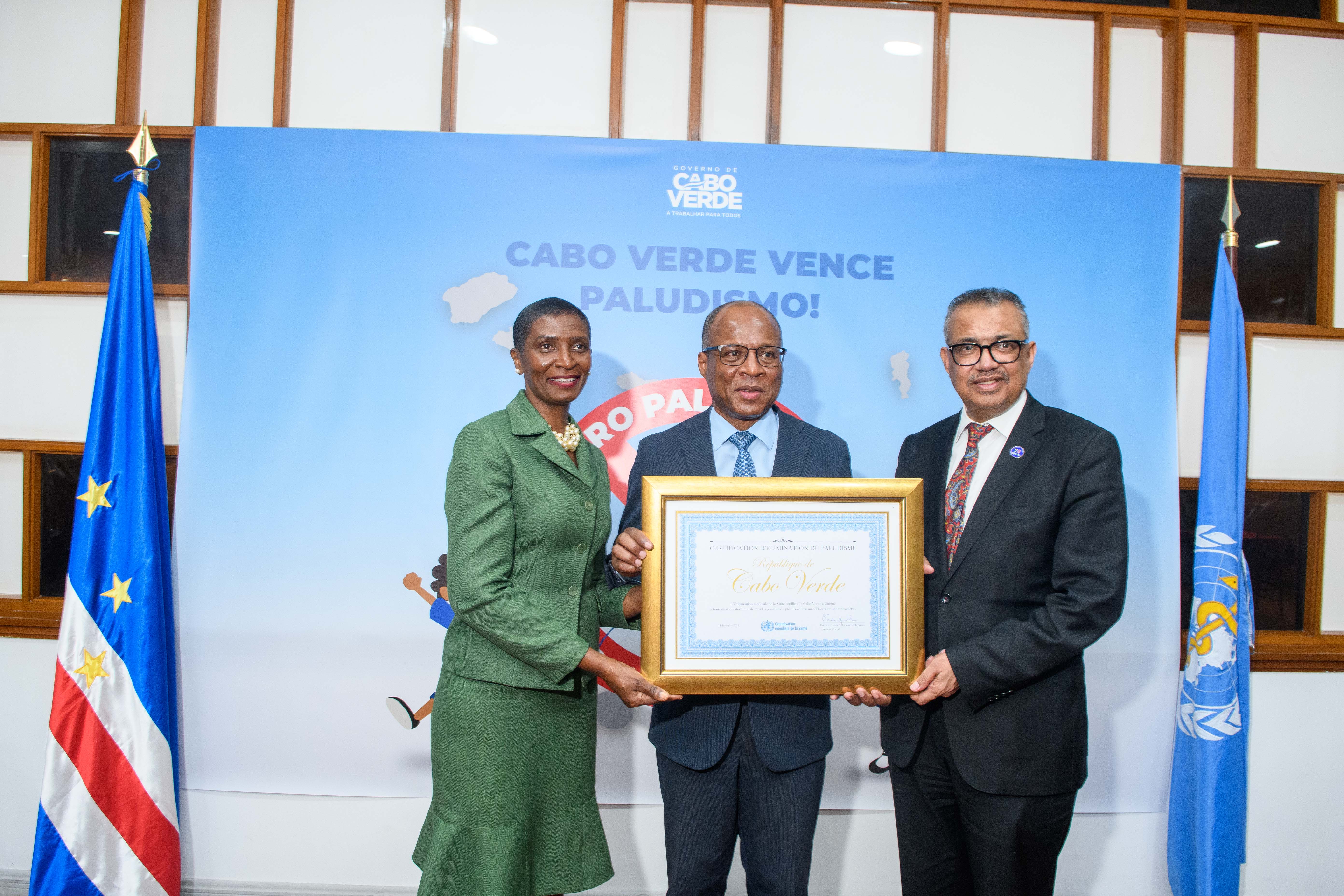WHO / JacsSpoor WHO Director-General Dr Tedros Adhanom Ghebreyesus, Prime Minister of Cabo Verde H.E. Ulisses Correia e Silva and Minister of Health of Cabo Verde Filomena Mendes Gonçalves at a ceremony on 12 January 2024 to certify the country’s elimination of malaria.