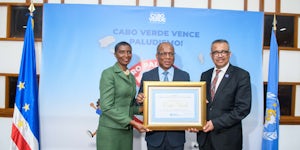 WHO / JacsSpoor WHO Director-General Dr Tedros Adhanom Ghebreyesus, Prime Minister of Cabo Verde H.E. Ulisses Correia e Silva and Minister of Health of Cabo Verde Filomena Mendes Gonçalves at a ceremony on 12 January 2024 to certify the country’s elimination of malaria.