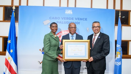 WHO / JacsSpoor WHO Director-General Dr Tedros Adhanom Ghebreyesus, Prime Minister of Cabo Verde H.E. Ulisses Correia e Silva and Minister of Health of Cabo Verde Filomena Mendes Gonçalves at a ceremony on 12 January 2024 to certify the country’s elimination of malaria.