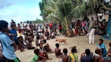 Enoch Waipeli speaking to a large group of Papuans on the beach. Credit: Rotarians Against Malaria