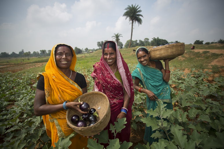 Photo of three women in colourful saris smiling in a field. Photo credit: USAID India