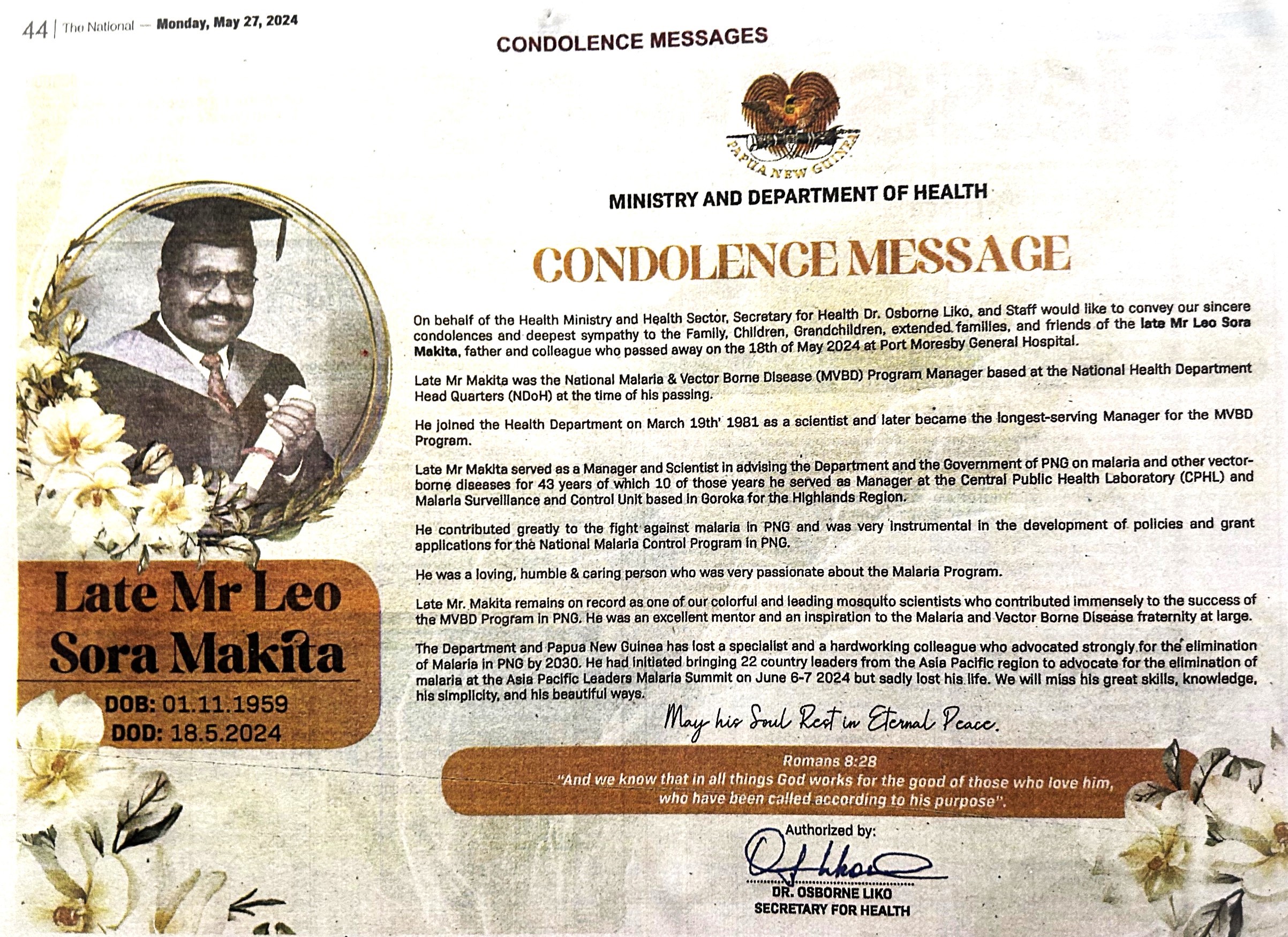 Condolence message from the Ministry of Health, Papua New Guinea published in the National paper in honour of Mr Leo Makita. Photo credit: The National 2024
