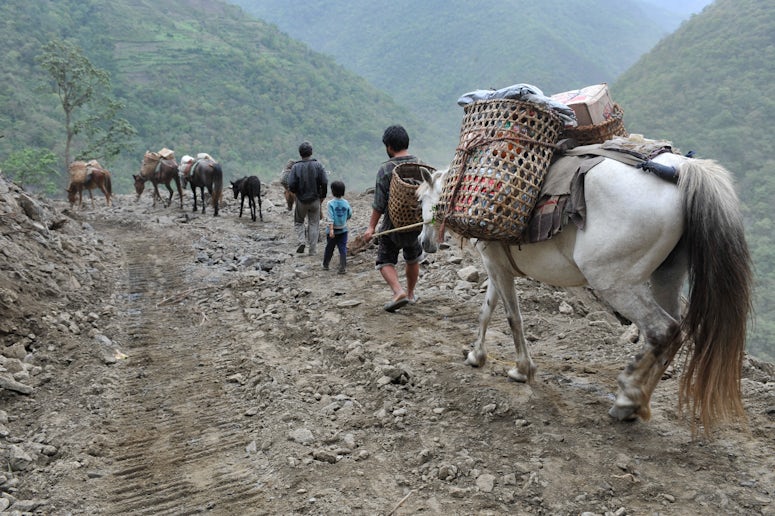Villagers in Bhutan travel on remote dirt road with horses. Photo credit ADB 2010