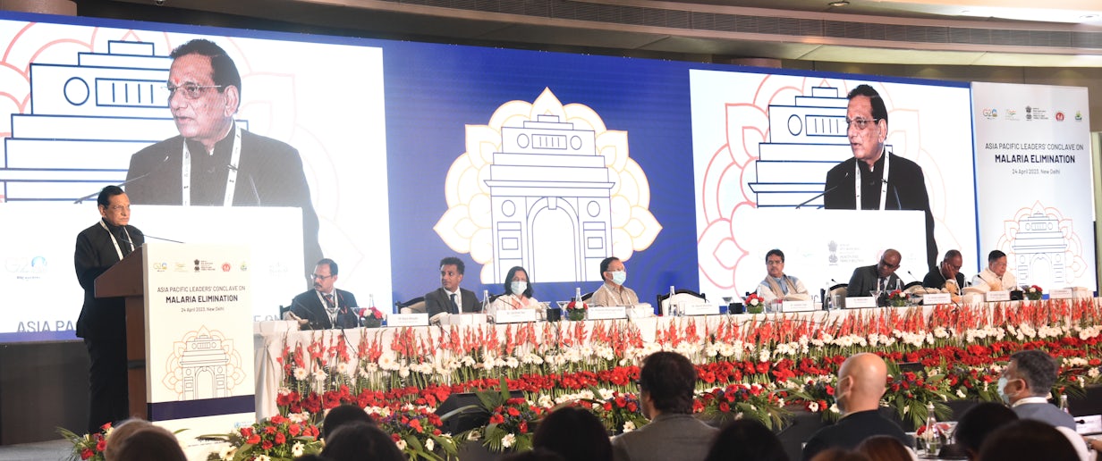 Guests of honour and audience at the Asia Pacific Leaders' Conclave on Malaria Elimination on 24 April 2023 in New Delhi