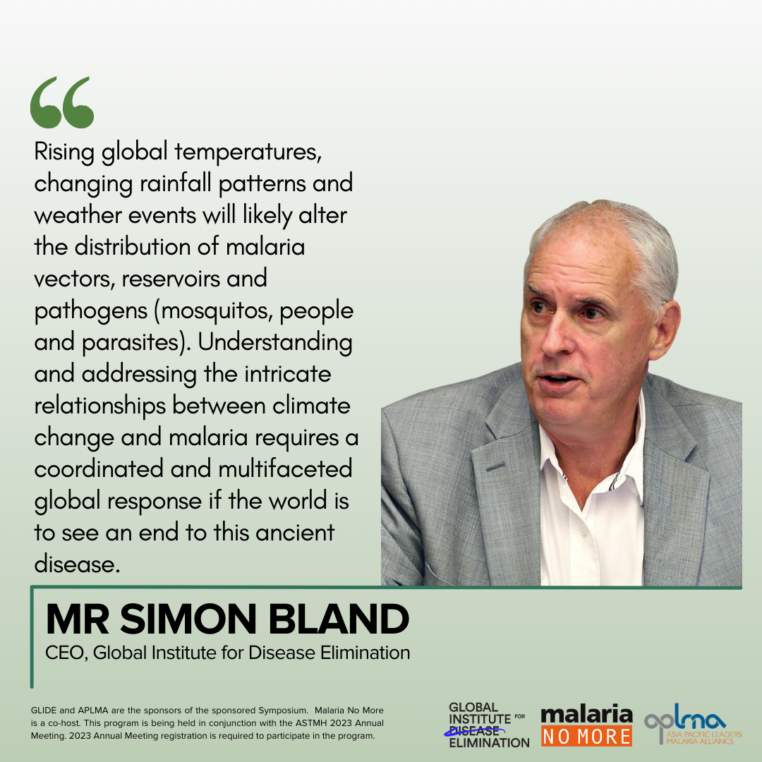 Quote text: Rising global temperatures, changing rainfall patterns and weather events will likely alter the distribution of malaria vectors, reservoirs, and pathogens (mosquitos, people and parasites). Understanding and addressing the intricate relationships between climate change and malaria requires a coordinated and multifaceted global response to if the world is to see an end to this ancient disease.’